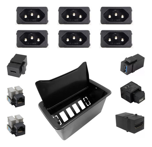 Caixa Embutir Mesa Móveis Slim Completa Tomada Usb Hdmi Rj45 Cor Preto