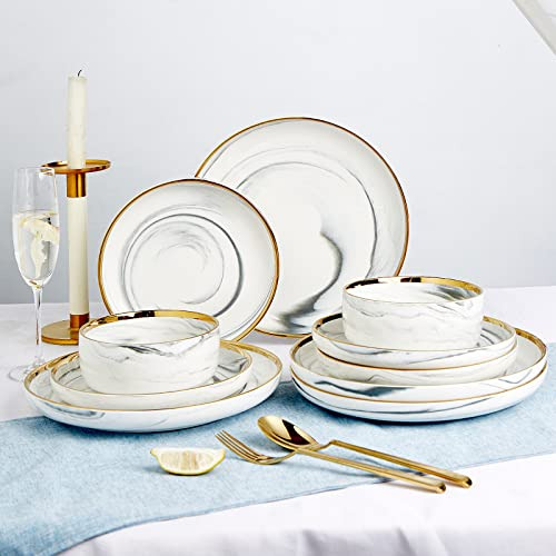 Vajilla De Ceramica Color Blanco Bordes Dorados 12 Piezas