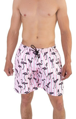 Short De Baño Hombre Corto Doroteo Rayas Flamingos Rosa