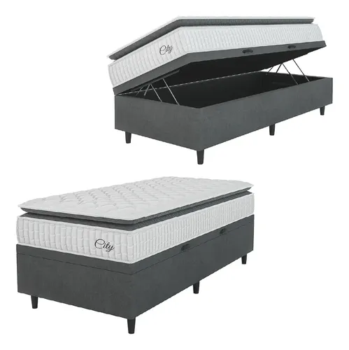 Cama Box Baú Colchão Solteiro Molas Ensacadas City Pillow Top 88x188x64cm Branco / Cinza Hellen - Suporta até 110kg por Pessoa