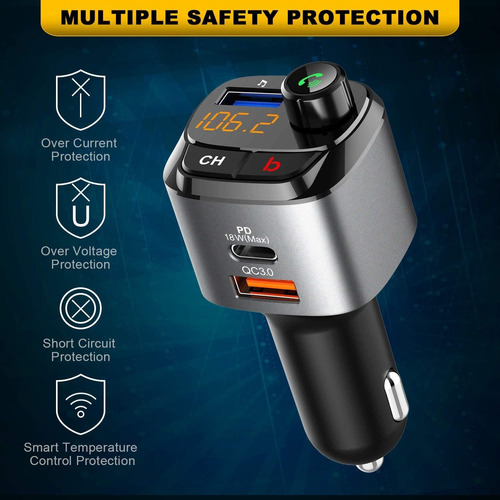 Imagen 8 de 8 de Imden Bluetooth 5.0 Fm Transmisor Para Coche, Qc3.0+type-c P