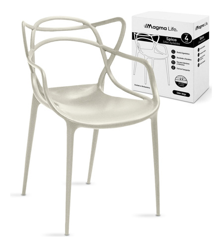 Magma Life Sillas para Comedor Spica: Set de 4 Sillas de Plástico Resistente con Diseño Moderno en el Respaldo. Perfectas para Eventos u Hogar. ¡Estilo y Durabilidad en un Solo Conjunto! (Beige)