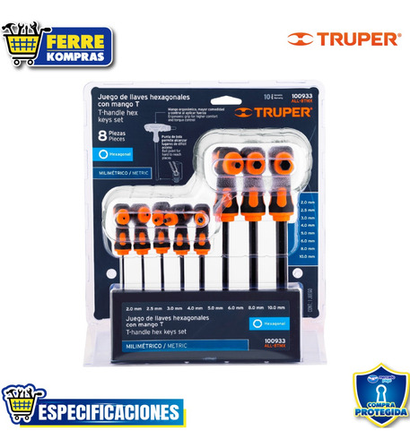 8 Llaves Allen Mm Extralargas Mango T, Punta De Bola 100933