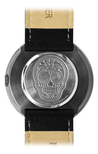 Nivada Huichol Unisex Cráneo Correa De Piel Negra Correa Negro Bisel Plateado Fondo Negro