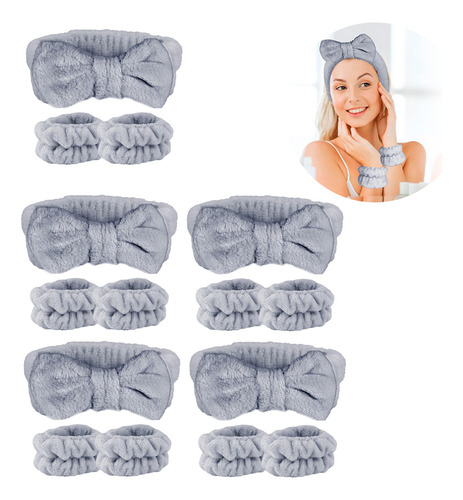 Diler Kit 5 Piezas Diadema Y Muñequeras Para Skincare Maquillaje Mascarilla Spa De Microfibra Con Moño Color Gris