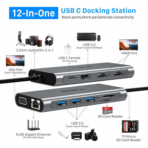 Displaylink Usb C Docking Station Dual Monitor, 12 En 1 U...