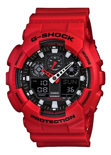 Imagen 1 de 7 de Reloj de pulsera Casio G-Shock GA-100 de cuerpo color rojo, analógico-digital, para hombre, fondo negro, con correa de resina color rojo, agujas color blanco y rojo, dial blanco, subesferas color negro y gris, minutero/segundero blanco, bisel color rojo y negro y hebilla doble