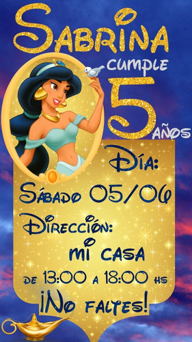 Invitación Digital Cumpleaños Princesa Jazmín Aladdín