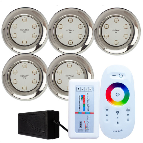 Kit Iluminação Piscina 5 Led 9w Rgb Inox S E Comando E Fonte