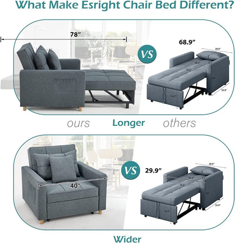 Sillón Cama 3 En 1; Ajustable Tamaño Individual De Lino Gris