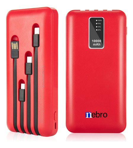 Batería Portátil Power Bank 10000mah 4 Cables Carga Rápida Rojo