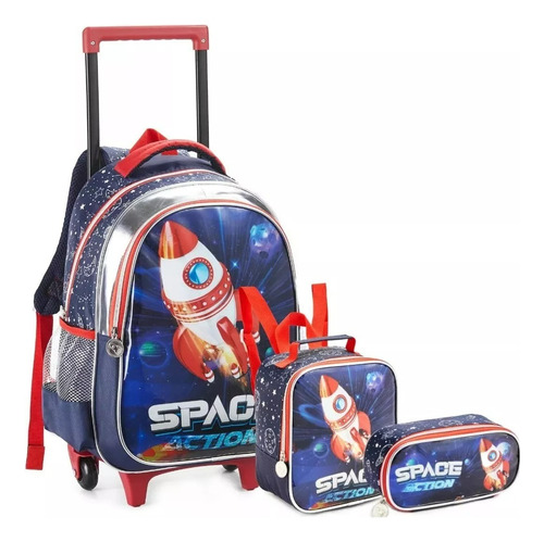 Kit Mochila Com Rodinhas Foguete Astronauta Infantil Menino Cor Azul-escuro