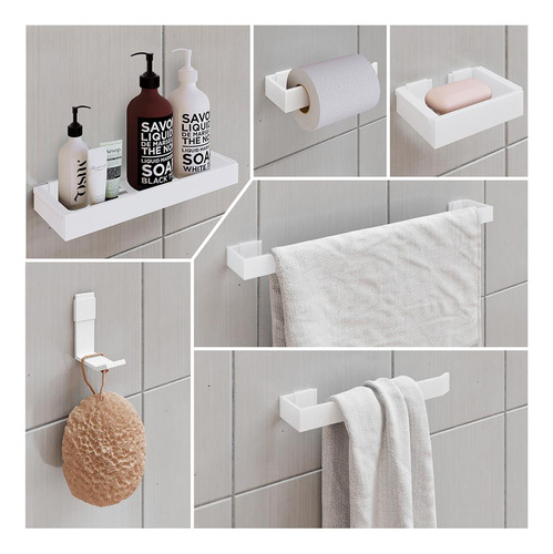 Kit Acessórios Banheiro Lavabo 6 Peças Branco Alumínio Luxo