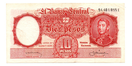 Billete 10 Pesos Moneda Nacional Bottero 1962 Año 1959 Usado