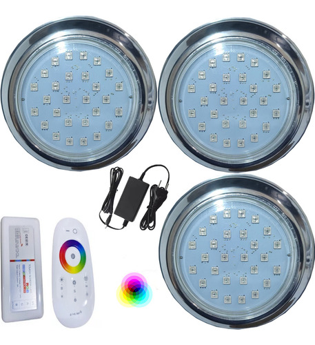 Kit 03 Luminaria Piscina Hiper Led 15w Rgb Inox 316 Rosca