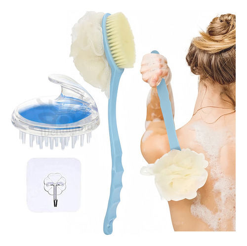 Kit Cepillo Exfoliante Ducha Esponja Baño Masajeador Capilar Color Azul