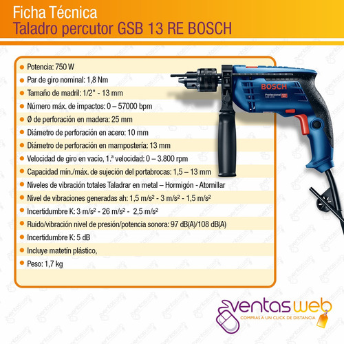 Imagen 6 de 8 de Taladro Percutor Bosch 750w 380 13mm Maletin + Set Mechas