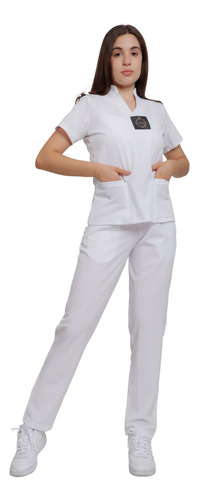 Scrub Dama Conjunto Quirúrgico Filipina Mao Pant Recto Blanco Lisa L