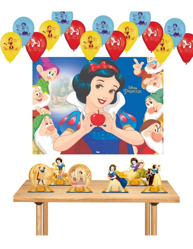 Kit Branca De Neve Festa Painel + 25 Balões + 6 Displays