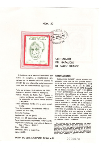 Pablo Picasso  1981  Carnet Estampilla Primer Día