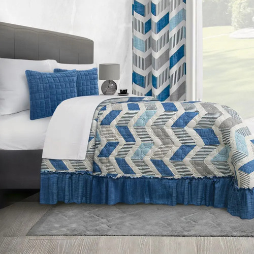 Colcha King Size Con 2 Cojines Soria Azul Geometrico