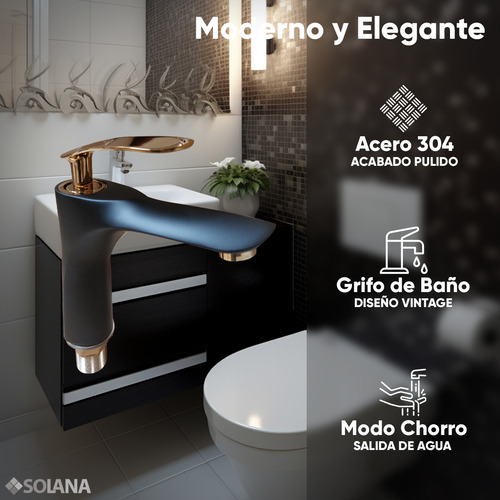 Solana Grifo Monomando Redondo 17cm de Acero Inoxidable Modelo Opulence Negro Con Dorado / Llave Mezcladora Agua Caliente Y Fría Para Baño - Ajuste Universal Para Ovalin Y Lavabos