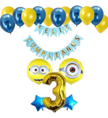 Globos Minions X 2 + Banderín+ Nro Gde+ 2 Estrella+12 Látex