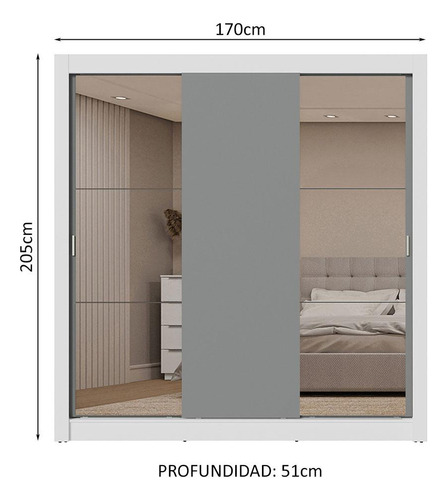 Ropero Closet Madesa 3 Puertas 2 Espejos Bg 01 Color Blanco/Gris