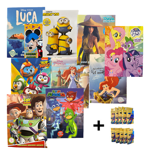Pack 10 Libros Para Colorear Varios + 10 Cajitas Crayolas