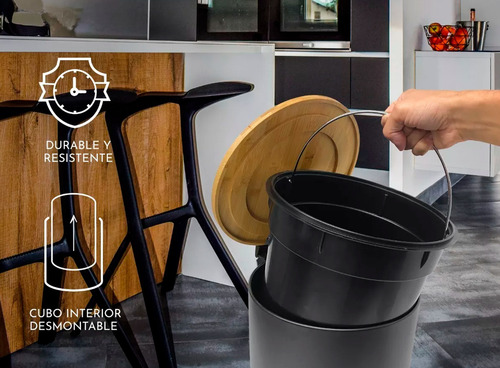 Cesto Residuos Acero Negro 5 Lts Tapa Bambú Hogar Actual