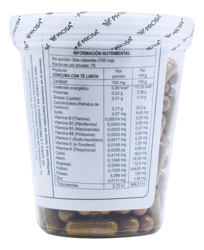 Curcuma Te De Limon C/150 Capsulas Prosa