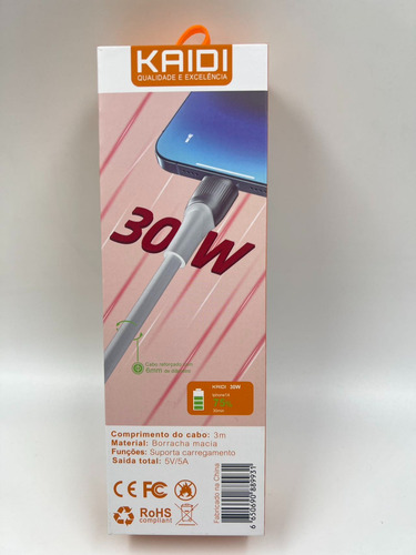 Cabo De Dados Usb Carregamento Reforcado Kaidi 3 Metros 5a Cor Lightning Preto