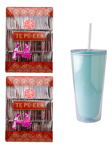 2 Té Pu-erh 100 Bolsitas Original + Vaso Xl Con Bombilla