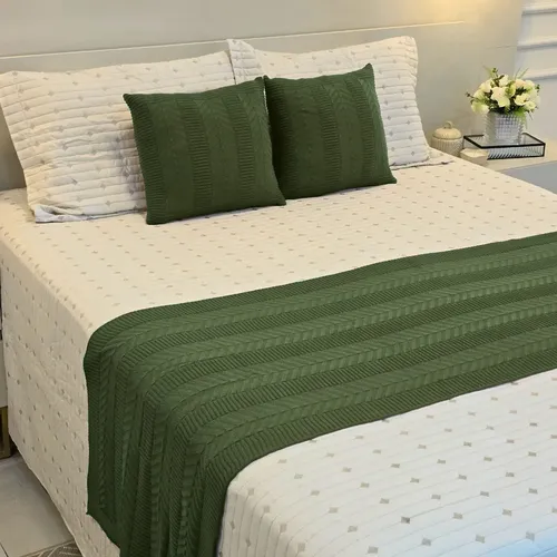 Kit Peseira Cama Casal Queen Trico  Manta +2 Capas Almofadas