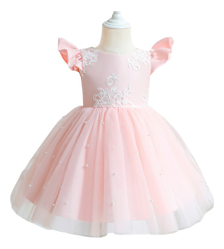 Vestido Niña Rosa Con Bordados Y Cintillo Paje Cumpleaños