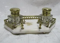 Comprar Antiguo Bello Tintero Doble Escribanía Cristal Bronce Mármol