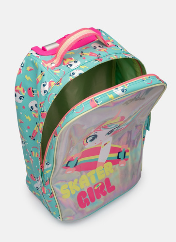 Mochila Escolar Pequena Com Rodinha Unicórnio Skate - Puket Cor Verde Água