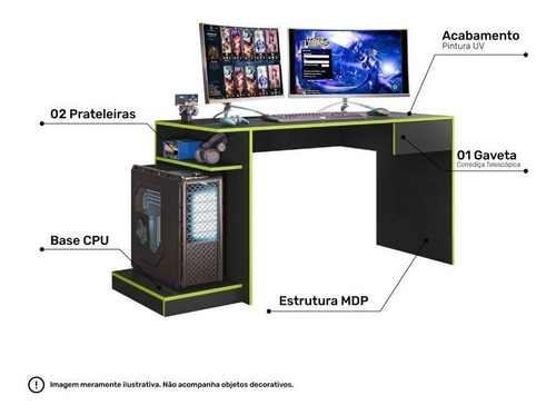 Mesa Computador Setup Gamer Nitro 1 Gaveta Preto Fosco Verde