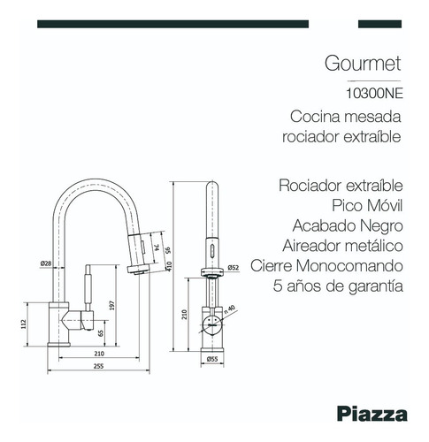 Imagen 2 de 5 de Monocomando Cocina Piazza 10300ne Negra Rociador Extensible