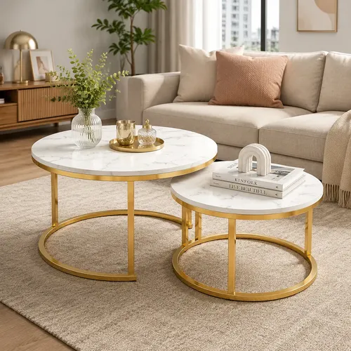Conjunto Mesa Lateral Redonda 2 Peças Mesa Centro Mármore Amarelo
