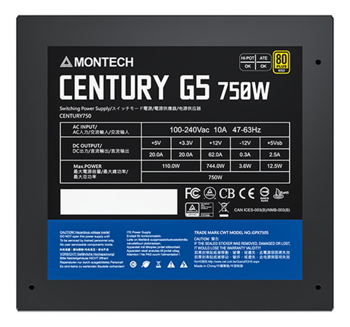Fonte Montech Century G5 750w 80 Plusgold Pcie 5.0 Pfc Ativo Cor Preto