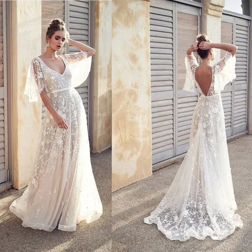 Vestido De Novia Con Mangas De Pétalos Y Cuello En V