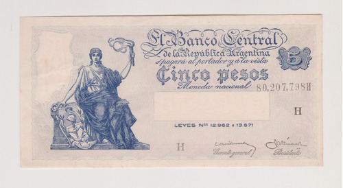 Billete Argentina 5 $ Bottero 1876 Año 1959 Ecxelente +