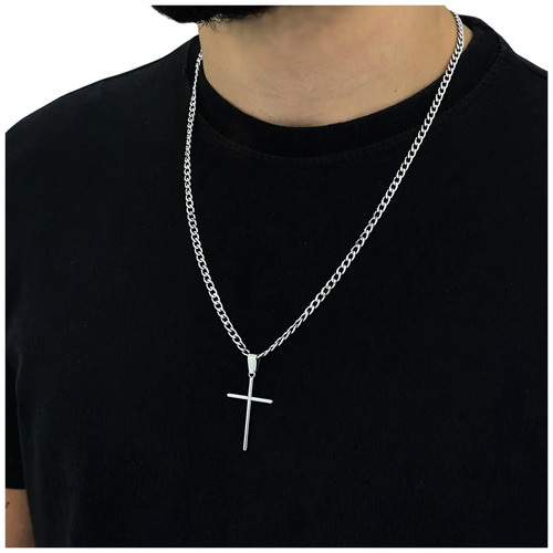 Corrente Cordão Masculino Grumet Aço Inox Cruz Crucifixo Colar Correntinha Masculina Para Presente Cor Prata Prateado 60cm