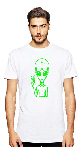 Polera Alien Dedos Paz Verde Fluor Extraterreste Ufo