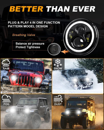 Un Faro Redondo Led H4 De 7 Pulgadas Jeep Wrangler Vocho Jk