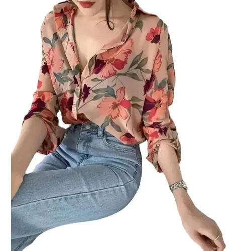 Blusa Floral De Chifón Para Mujer, Camisa De Manga Larga