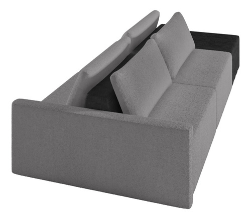 Sofá Ilha Modular Para Sala 252cm com Puff Dublin K01 Bouclê Cinza e Sintético Preto