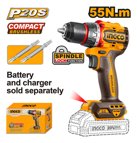 Taladro Atornillador Ingco 20v 55nm 13mm Inalámbrico Amarillo 50hz