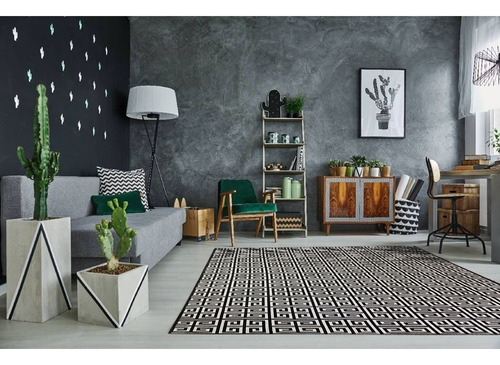 Tapete Sala Geometrico Grego 150x200 Antiderrapante Lavavel Cor Preto